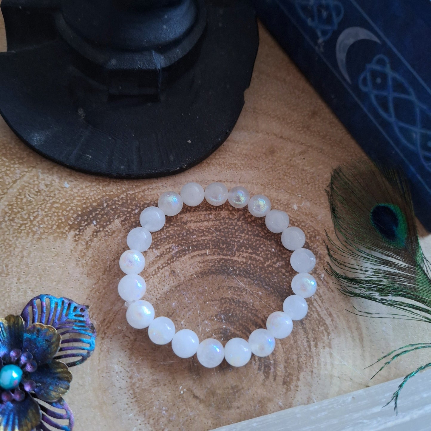 Aura white moonstone bracelet crystal healing gift for her witchy jewellery for women