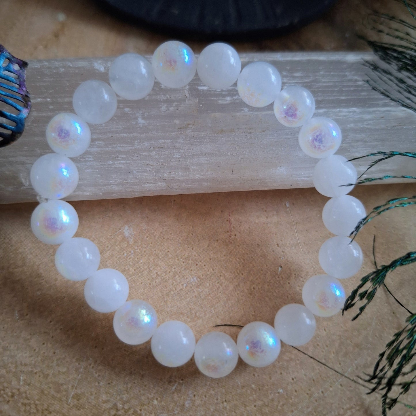 Aura white moonstone bracelet crystal healing gift for her witchy jewellery for women