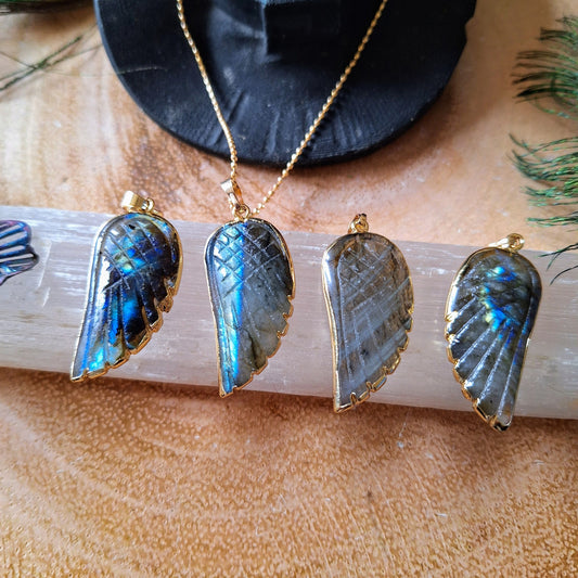 labradorite angel wing necklace crystal healing witchy gift for him or her jewellery for men or women