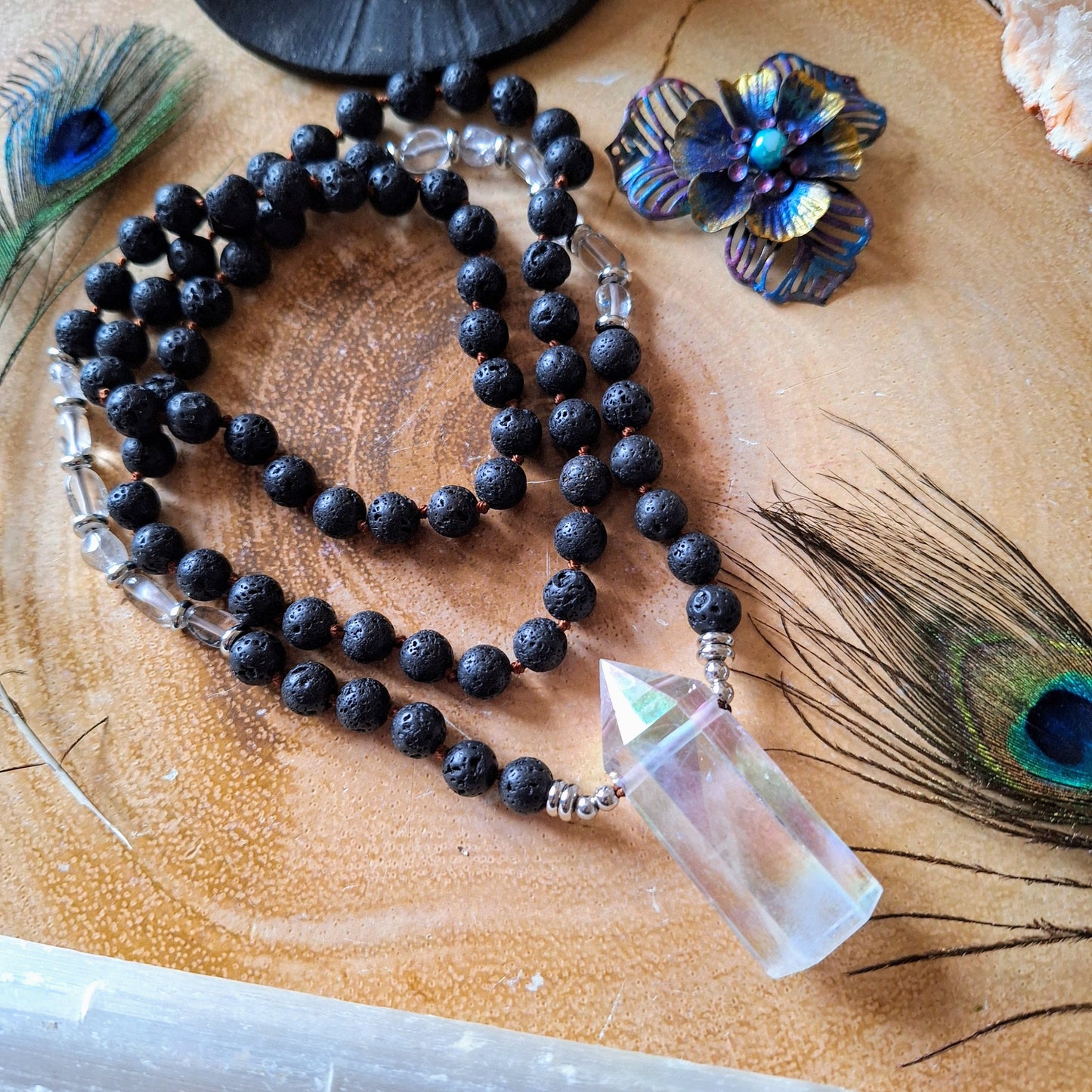 Lava rock and clear quartz necklace knotted mala with large angel aura quartz point witchy jewellery for her gemstone jewelry