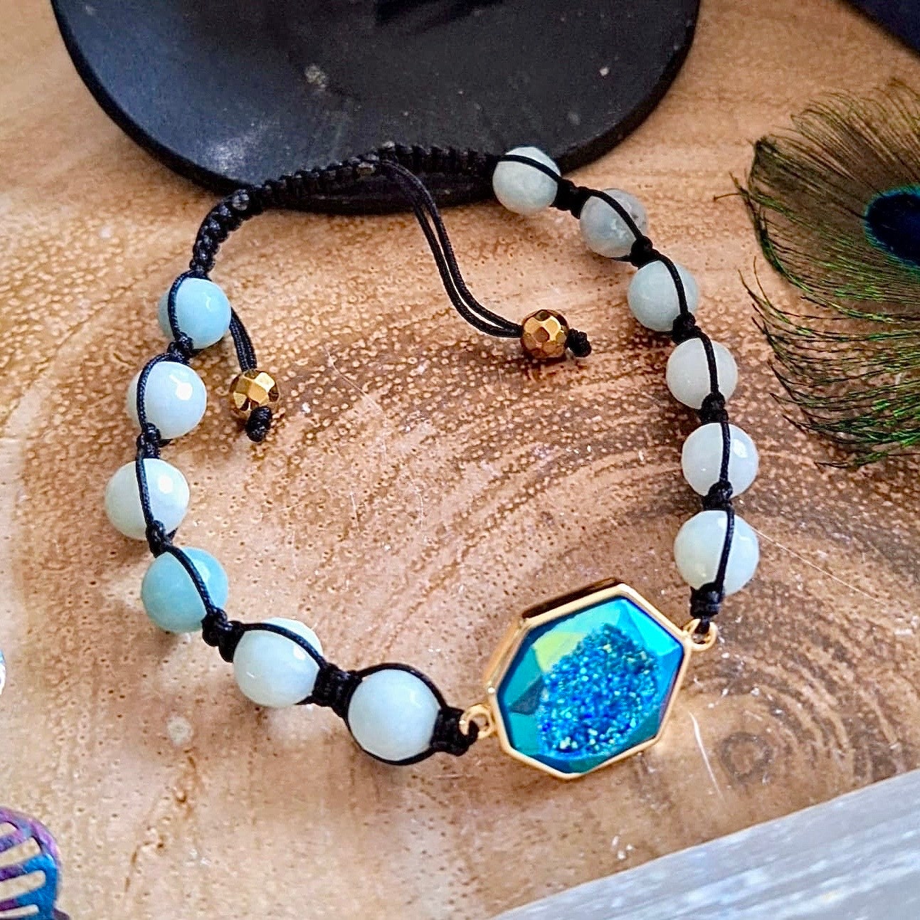 Amazonite adjustable bracelet with titanium druzy quartz gift for her sparkly gemstone jewellery for women