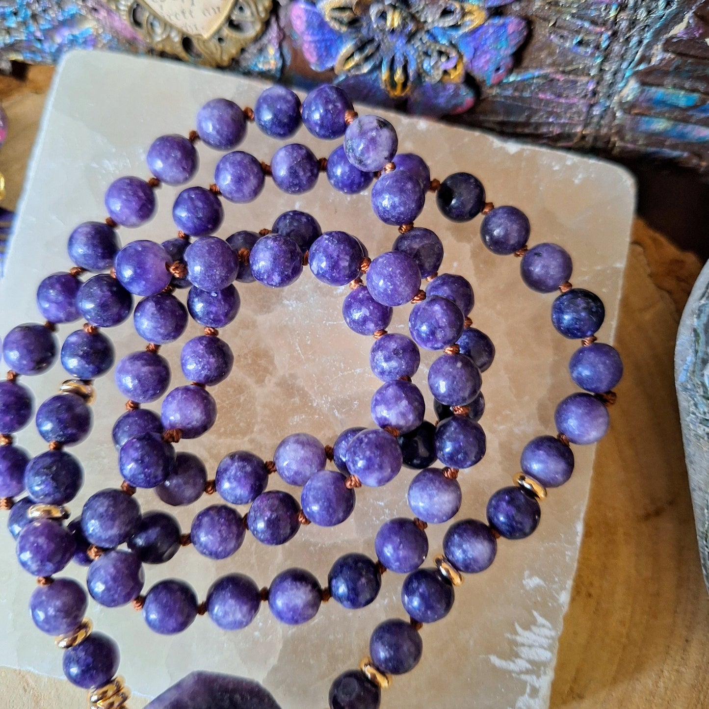 Lepidolite necklace knotted crystal healing witchy jewellery for him or her gemstone jewelry large point