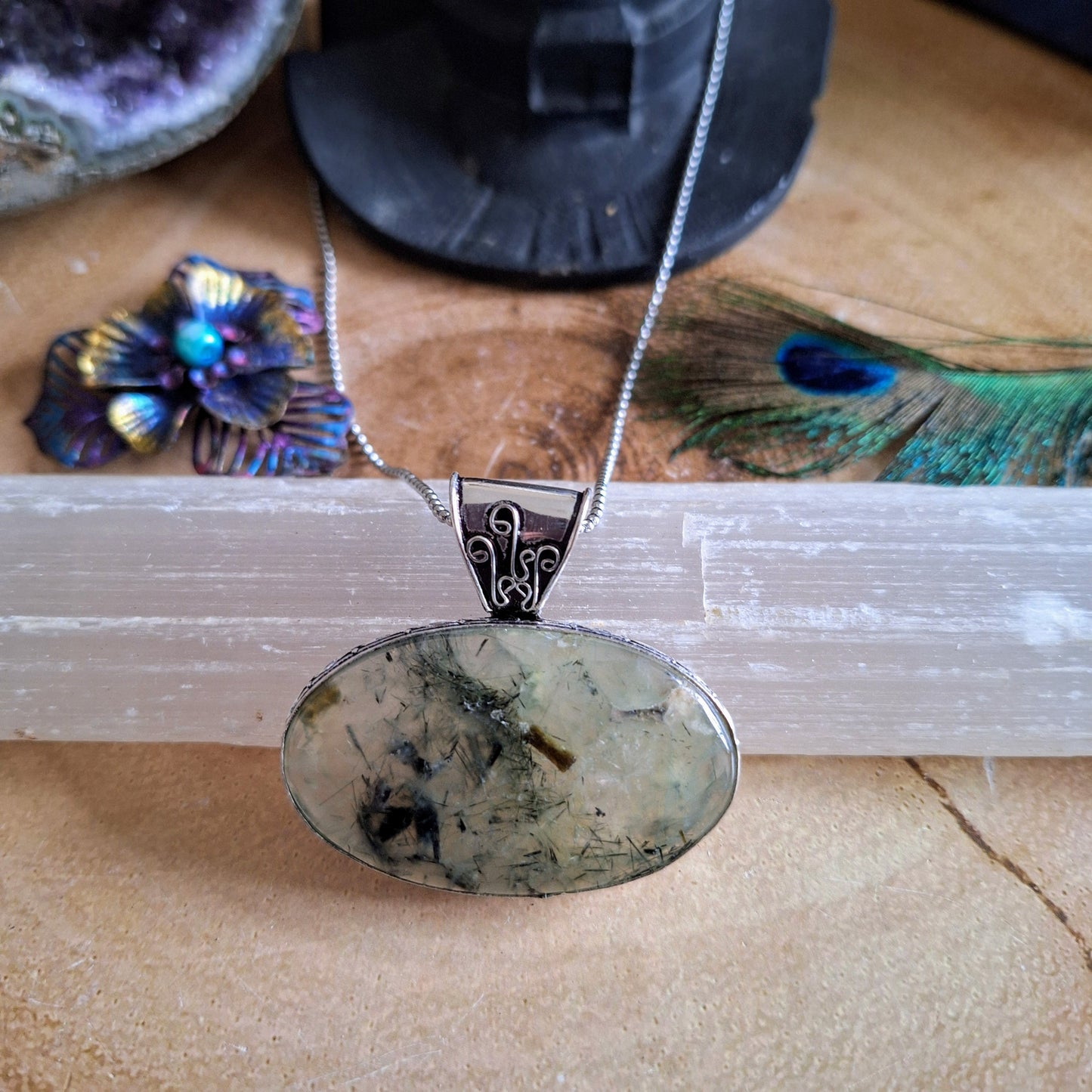 prehnite pendant necklace in 925 silver crystal healing natural Stone witchy jewellery heart chakra gift for her or him