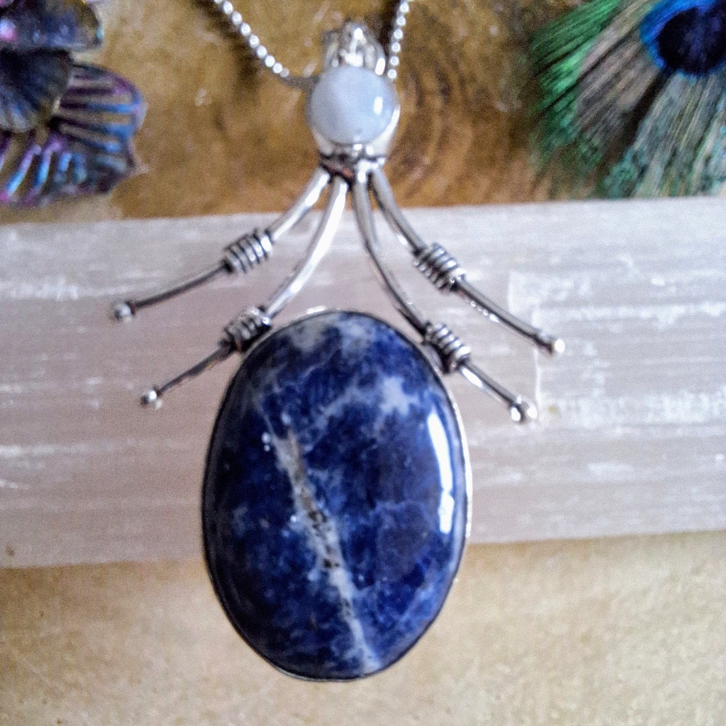 sodalite and moonstone pendant necklace 925 silver crystal healing jewellery gift for him or her throat chakra jewelry for men or women