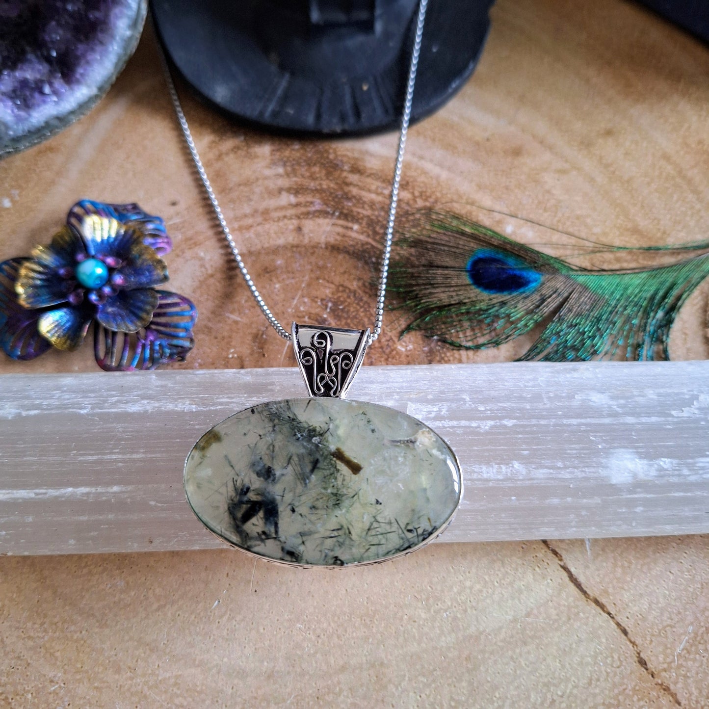 prehnite pendant necklace in 925 silver crystal healing natural Stone witchy jewellery heart chakra gift for her or him