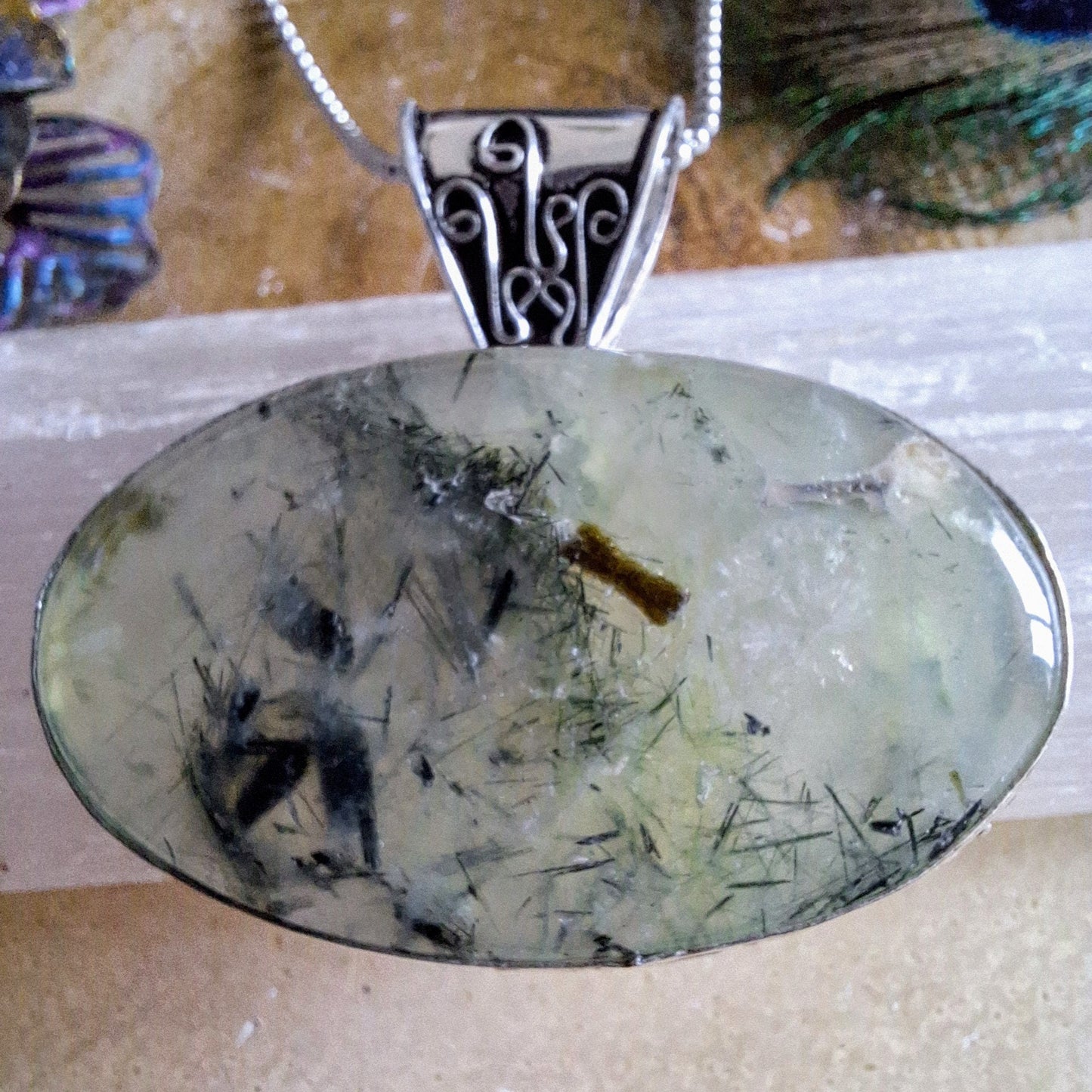 prehnite pendant necklace in 925 silver crystal healing natural Stone witchy jewellery heart chakra gift for her or him