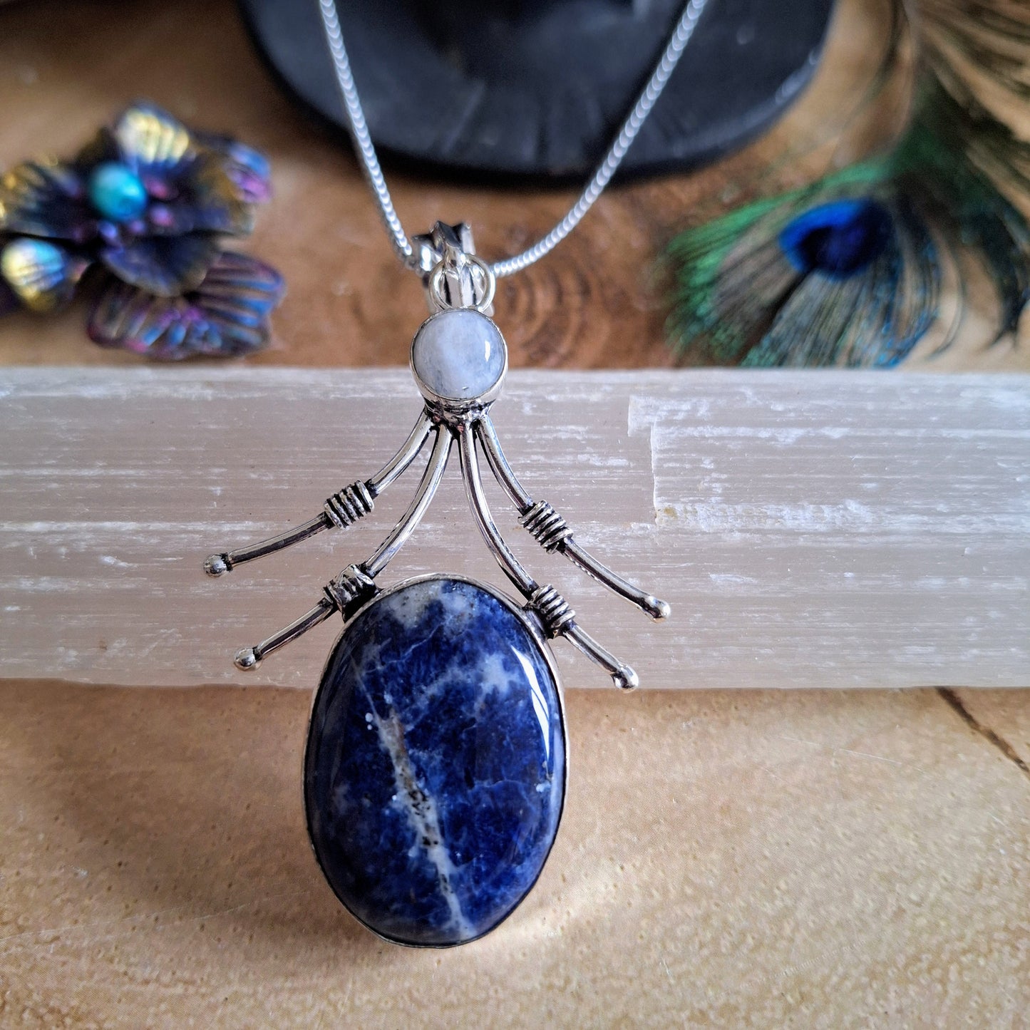 sodalite and moonstone pendant necklace 925 silver crystal healing jewellery gift for him or her throat chakra jewelry for men or women