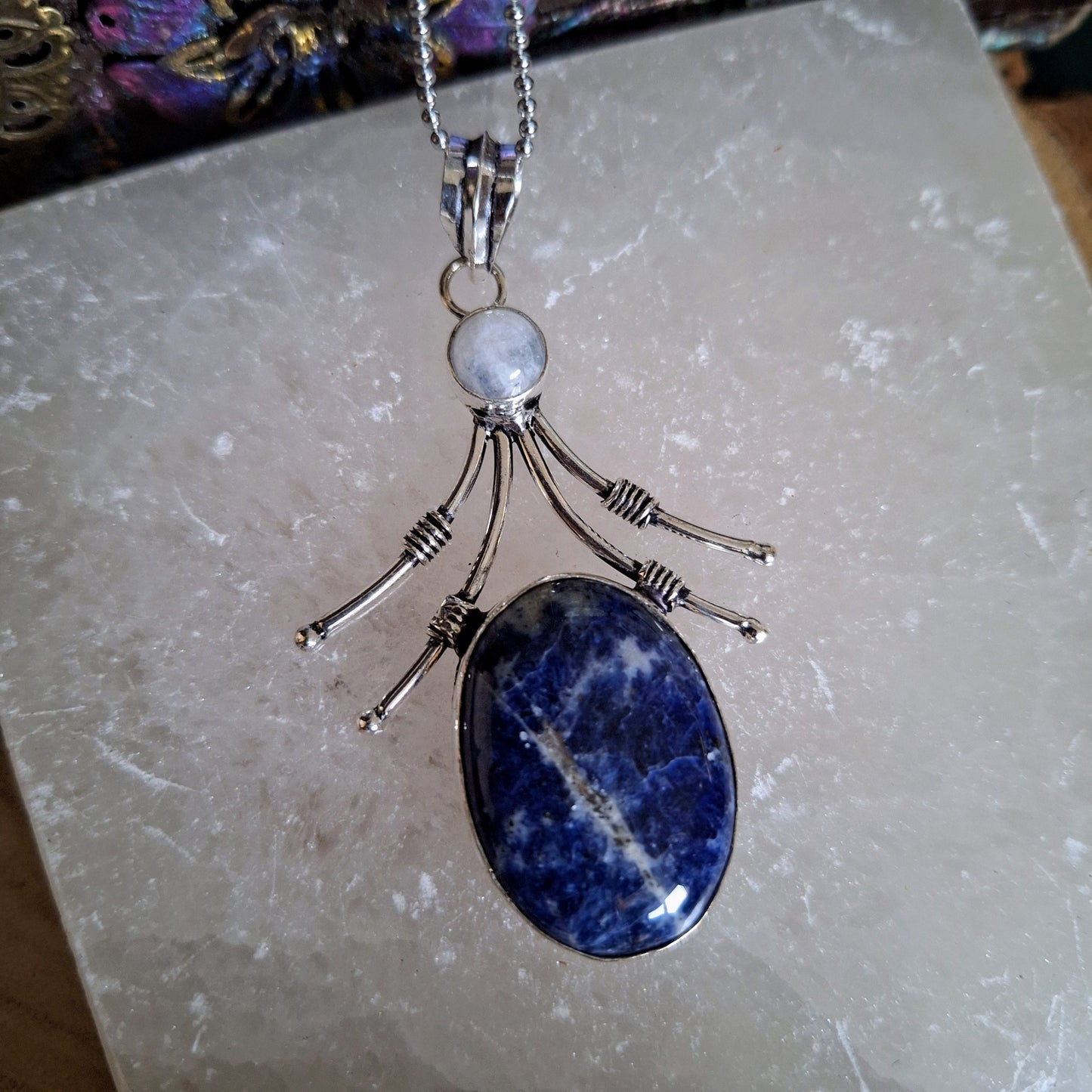 sodalite and moonstone pendant necklace 925 silver crystal healing jewellery gift for him or her throat chakra jewelry for men or women