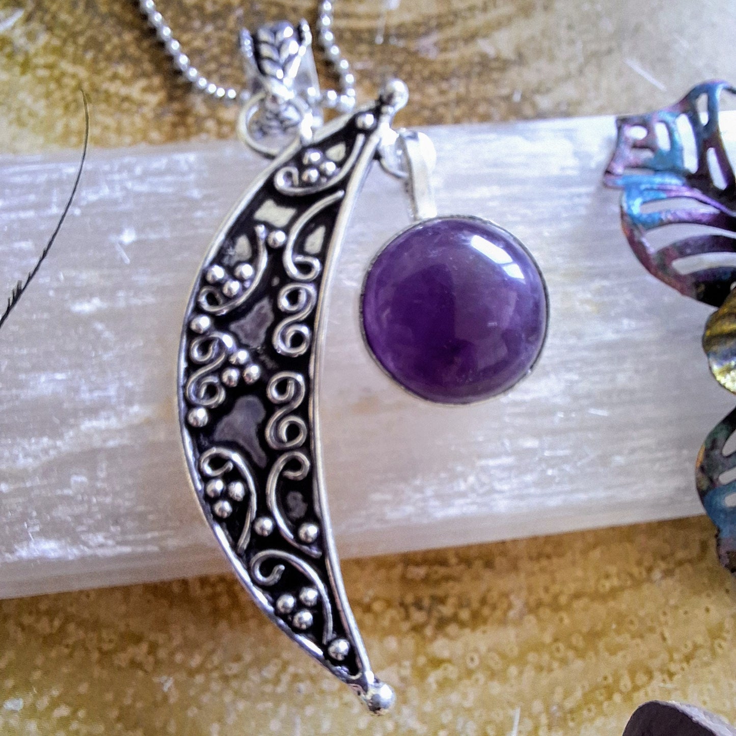 Amethyst necklace pendant quarter moon crescent 925 silver crystal healing natural stone witchy gift for her jewellery for women