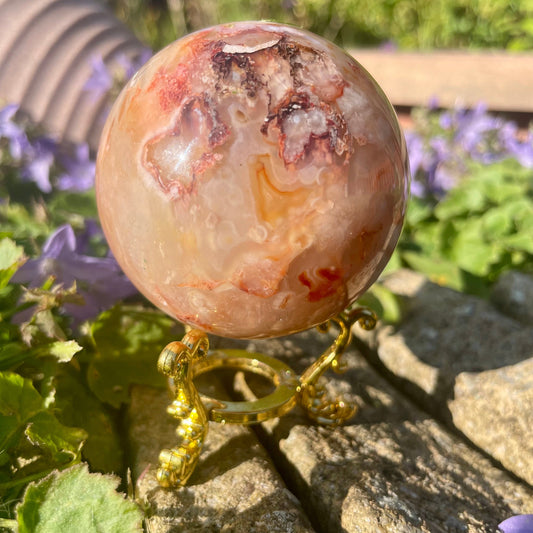 Carnelian Sphere Flower Agate Crystal Ball Natural Stone Spiritual Home Decor 300g 60mm