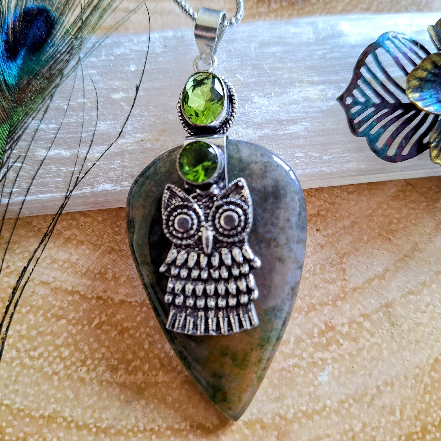 green moss agate pendant necklace owl witchy jewellery gift for him or her crystal healing jewelry for women 925 silver