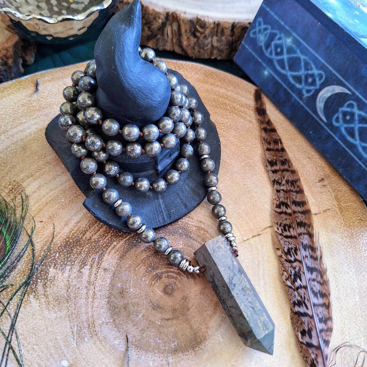 Pyrite necklace knotted mala double terminated point pendant crystal healing jewellery gift for her witchy jewelry