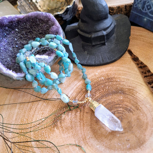 Amazonite knotted necklace with clear quartz point pendant Crystal healing gift for him or her witchy jewellery for women