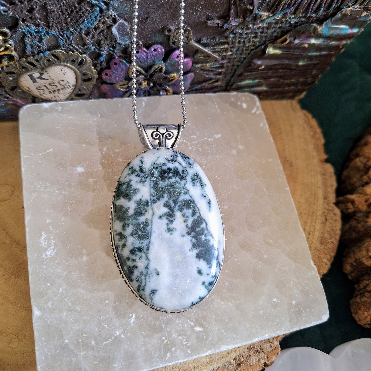 Tree agate pendant necklace witchy jewellery gift for him or her crystal healing jewelry for women 925 silver