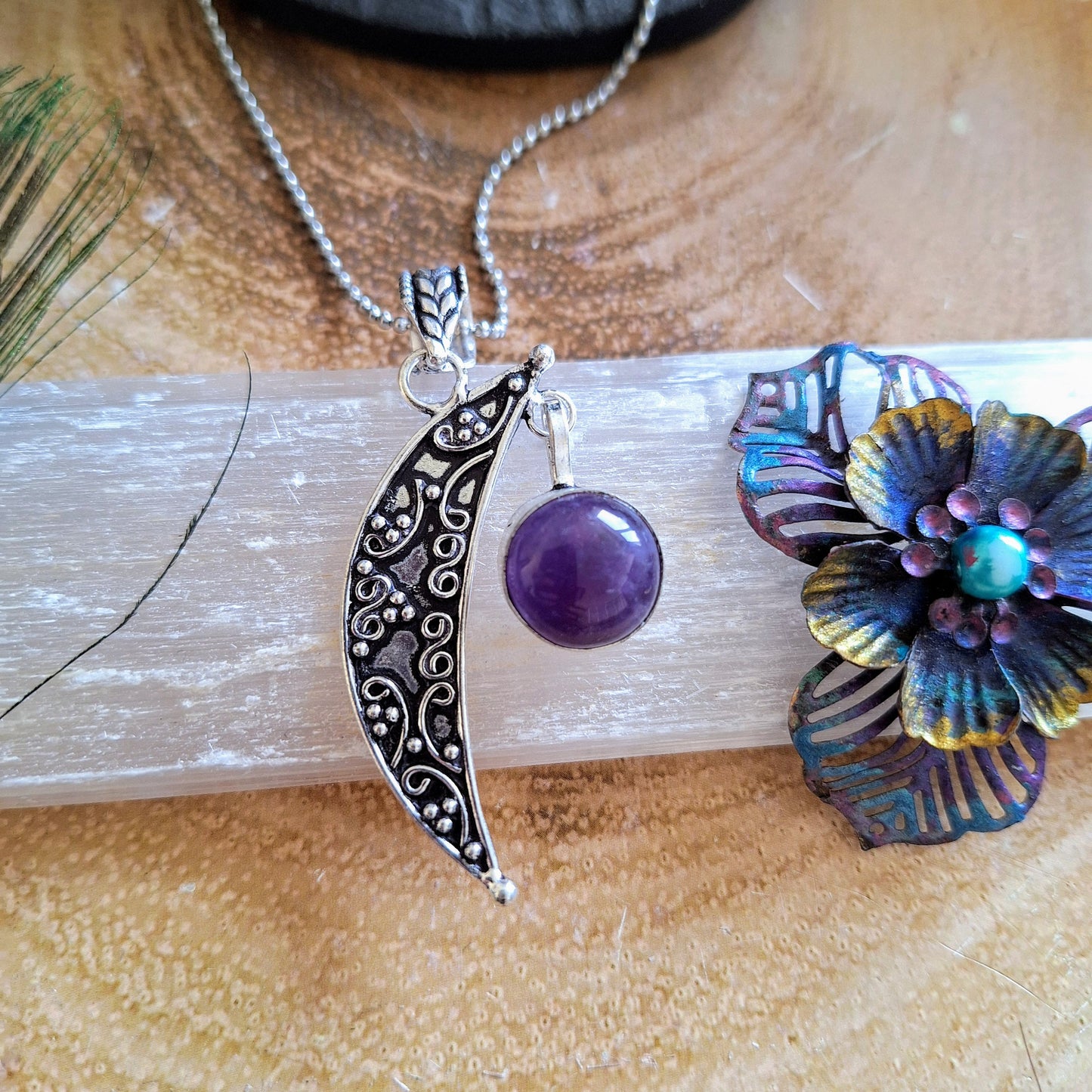 Amethyst necklace pendant quarter moon crescent 925 silver crystal healing natural stone witchy gift for her jewellery for women