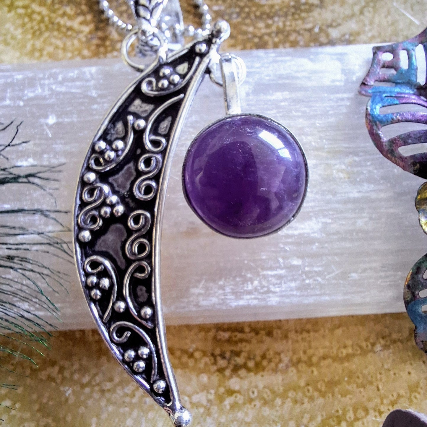 Amethyst necklace pendant quarter moon crescent 925 silver crystal healing natural stone witchy gift for her jewellery for women