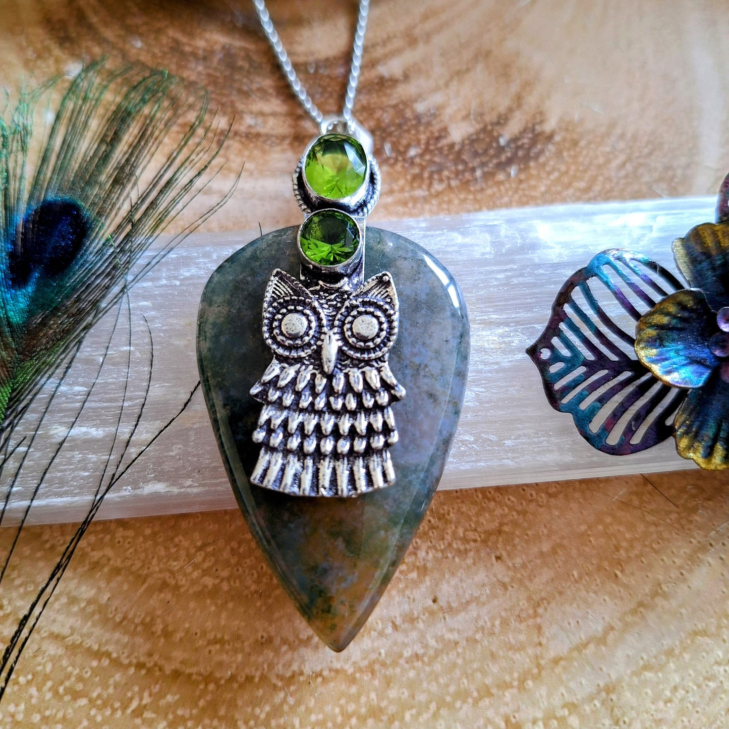 green moss agate pendant necklace owl witchy jewellery gift for him or her crystal healing jewelry for women 925 silver