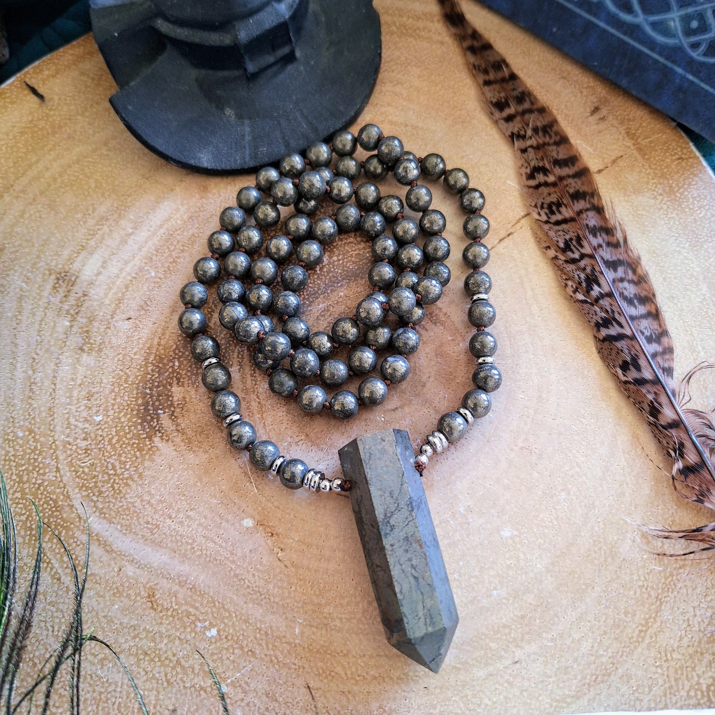 Pyrite necklace knotted mala double terminated point pendant crystal healing jewellery gift for her witchy jewelry