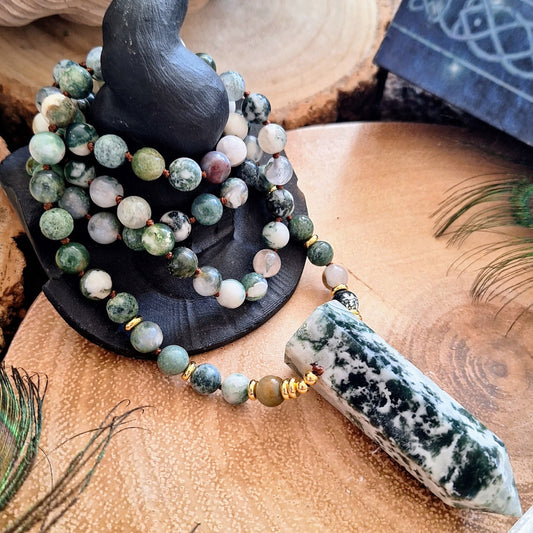 Tree agate necklace knotted mala point pendant crystal healing witchy jewellery gift for him gift for her