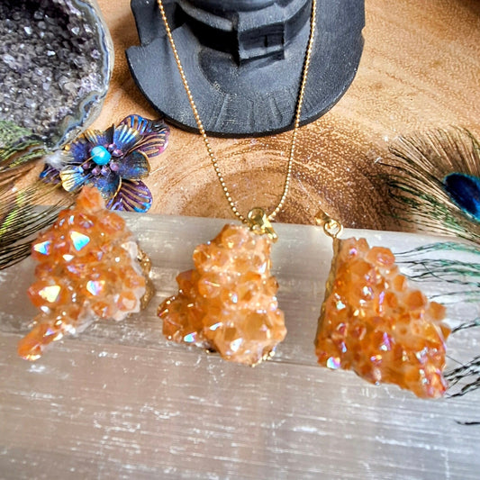 Tangerine Aura Quartz cluster pendant necklace crystal healing druzy witchy jewellery gift for her jewelry for woman