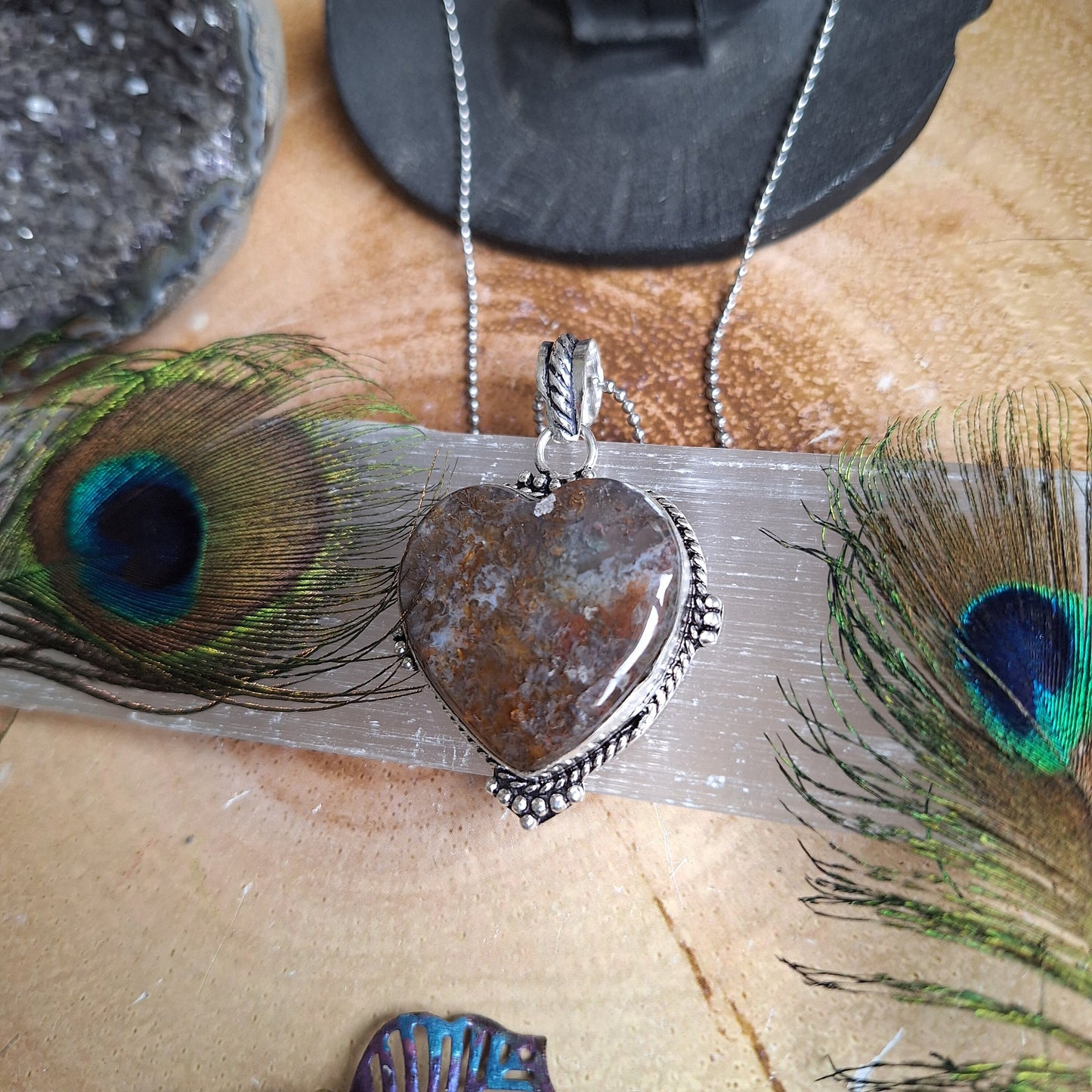 Moss agate heart pendant necklace in 925 silver crystal healing natural stone witchy jewellery for him or her