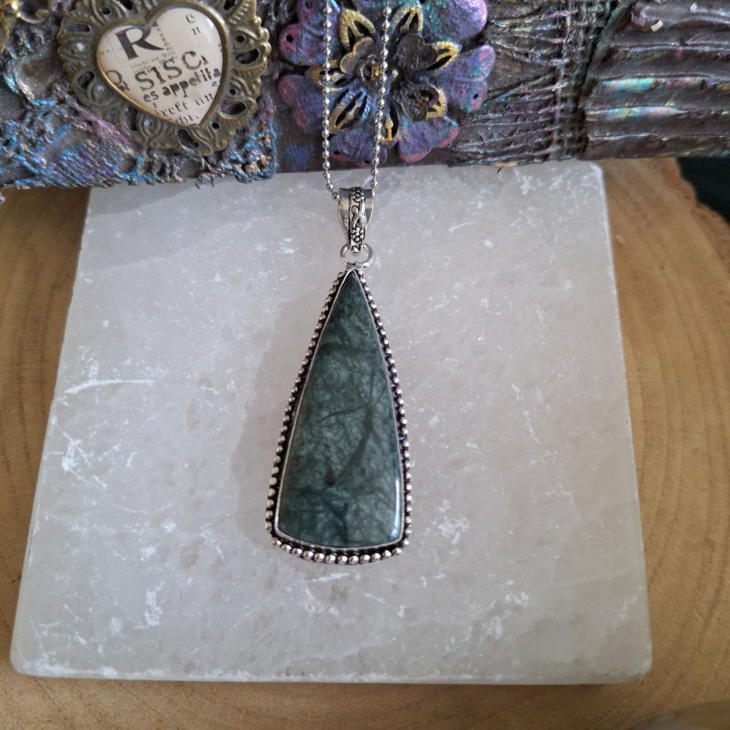 Green jasper pendant necklace 925 silver crystal healing witchy jewellery for him or her calming gemstone jewelry