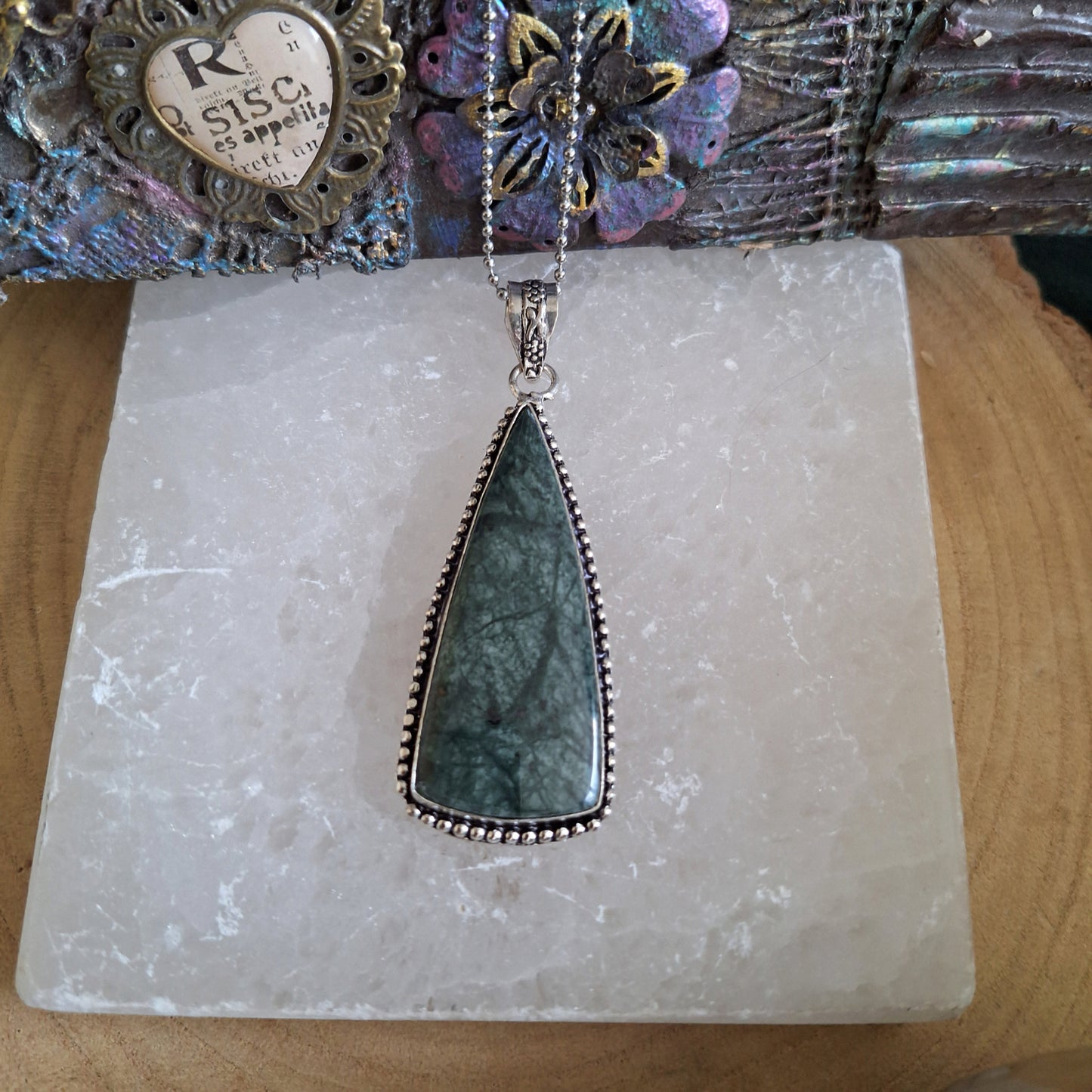 Green jasper pendant necklace 925 silver crystal healing witchy jewellery for him or her calming gemstone jewelry