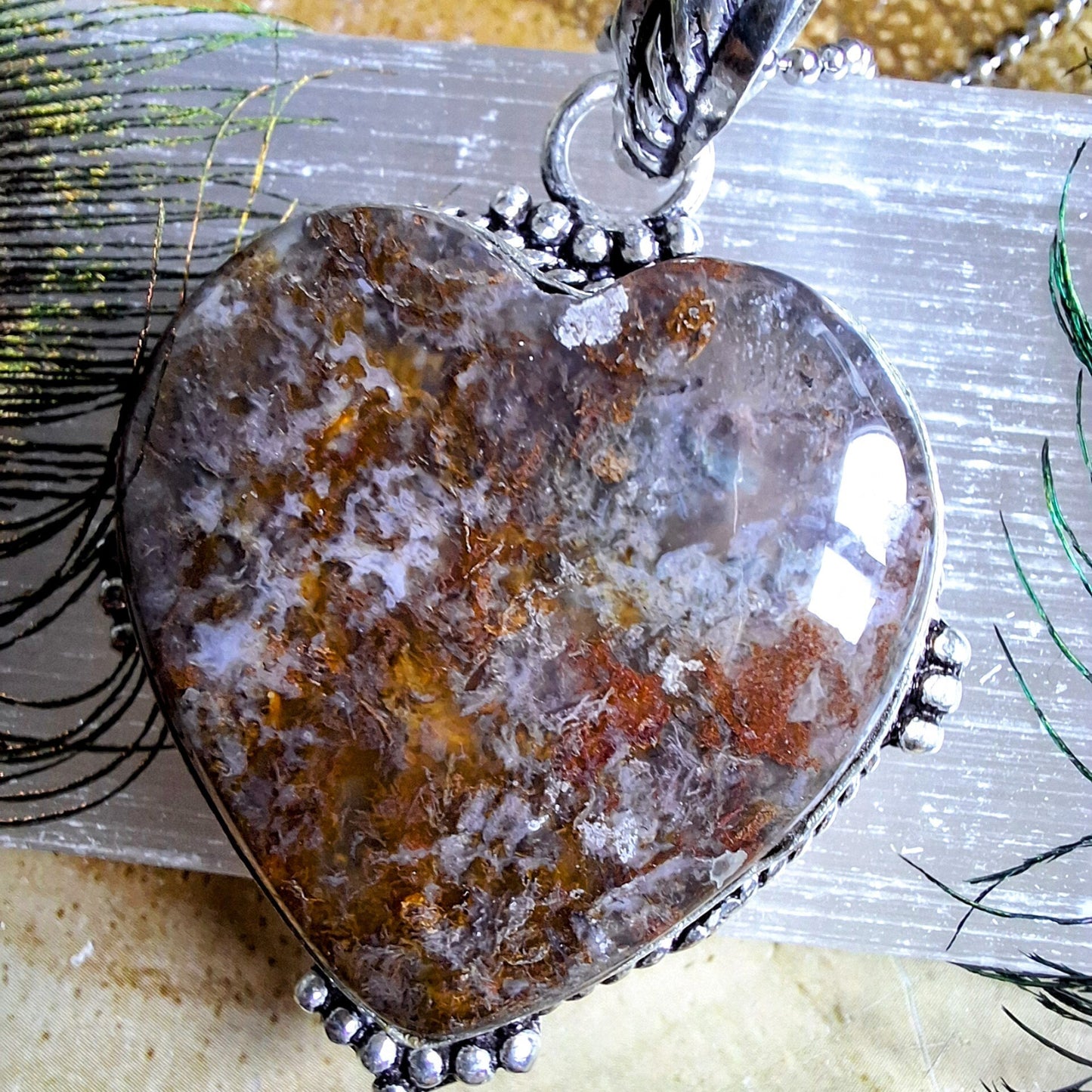 Moss agate heart pendant necklace in 925 silver crystal healing natural stone witchy jewellery for him or her