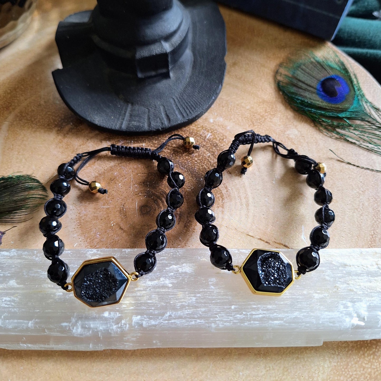 Black Tourmaline adjustable bracelet with faceted druzy stone crystal healing gift for her sparkling jewellery