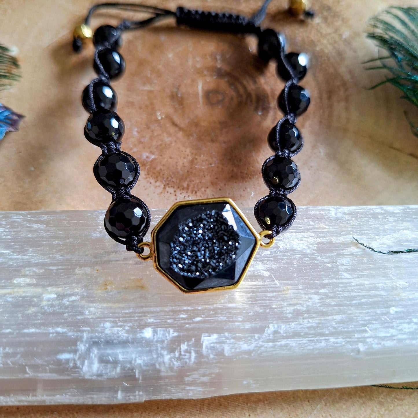 Black Tourmaline adjustable bracelet with faceted druzy stone crystal healing gift for her sparkling jewellery