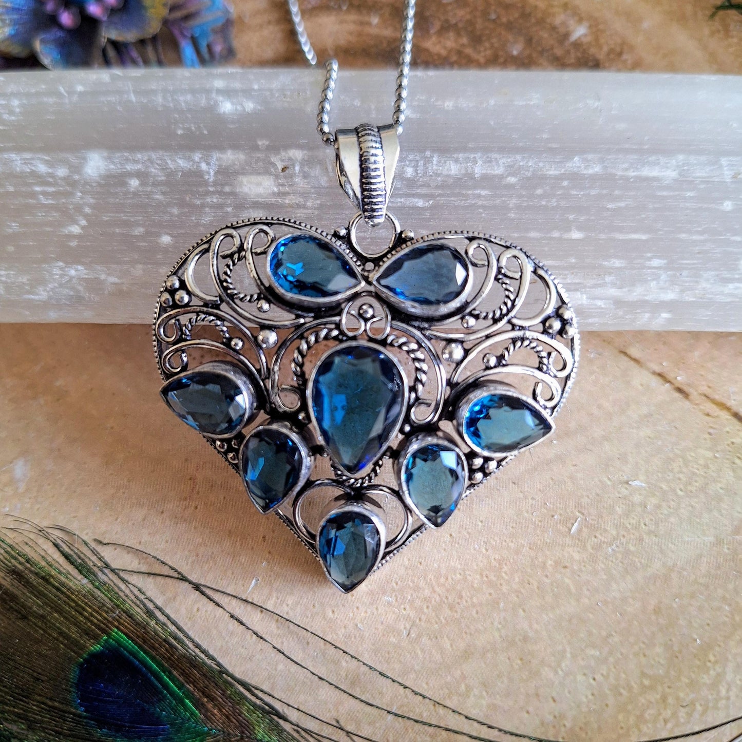 Blue topaz Heart necklace pendant 925 silver crystal healing throat chakra witchy jewellery gemstone jewelry gift for her