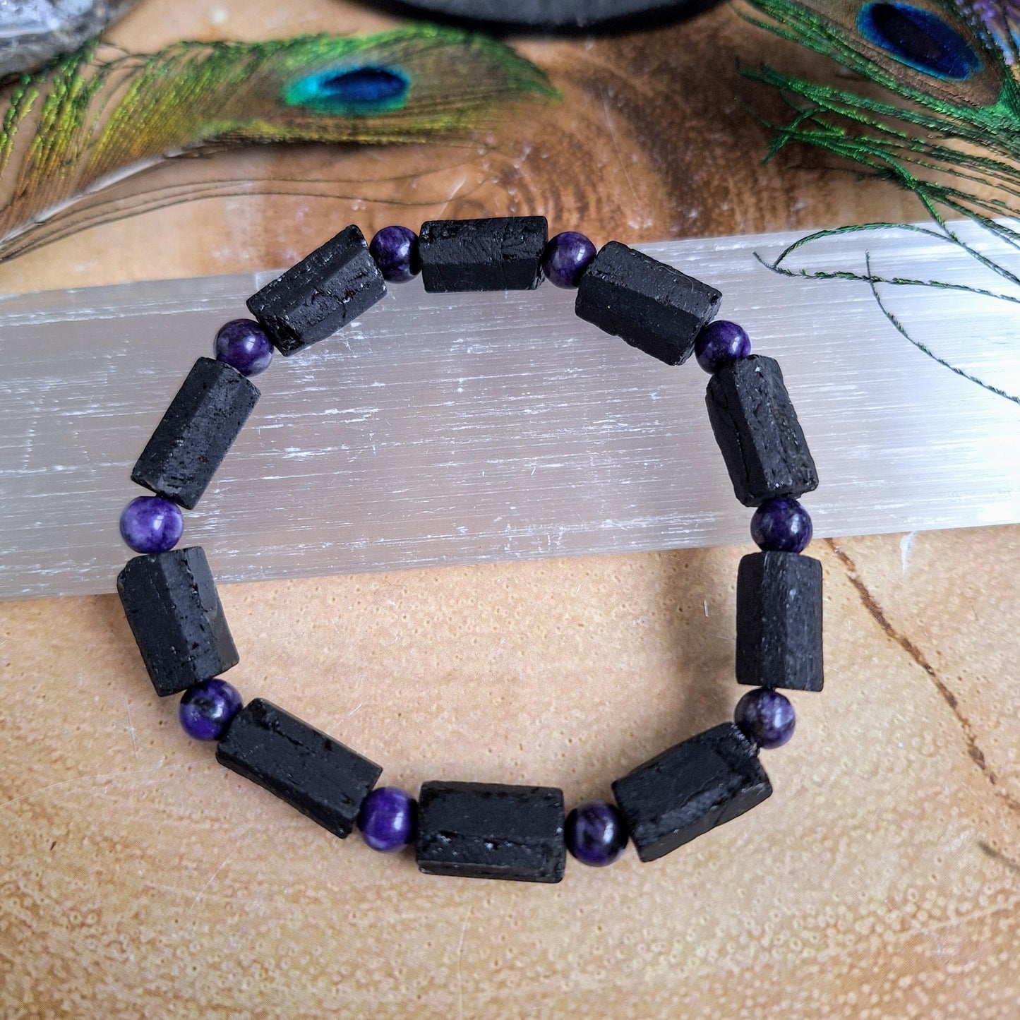 Raw black tourmaline and charoite bracelet  crystal healing natural stone stretch bracelet