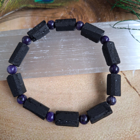 Raw black tourmaline and charoite bracelet  crystal healing natural stone stretch bracelet