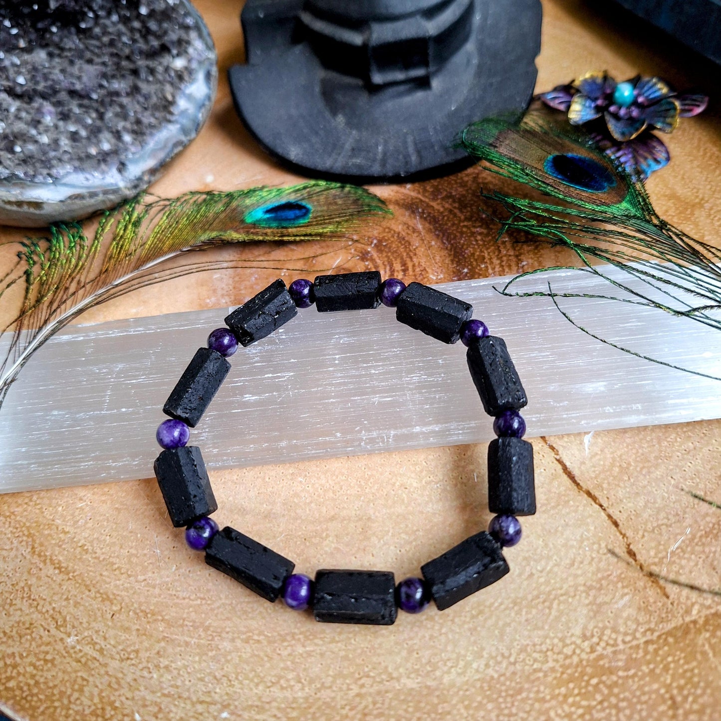 Raw black tourmaline and charoite bracelet  crystal healing natural stone stretch bracelet