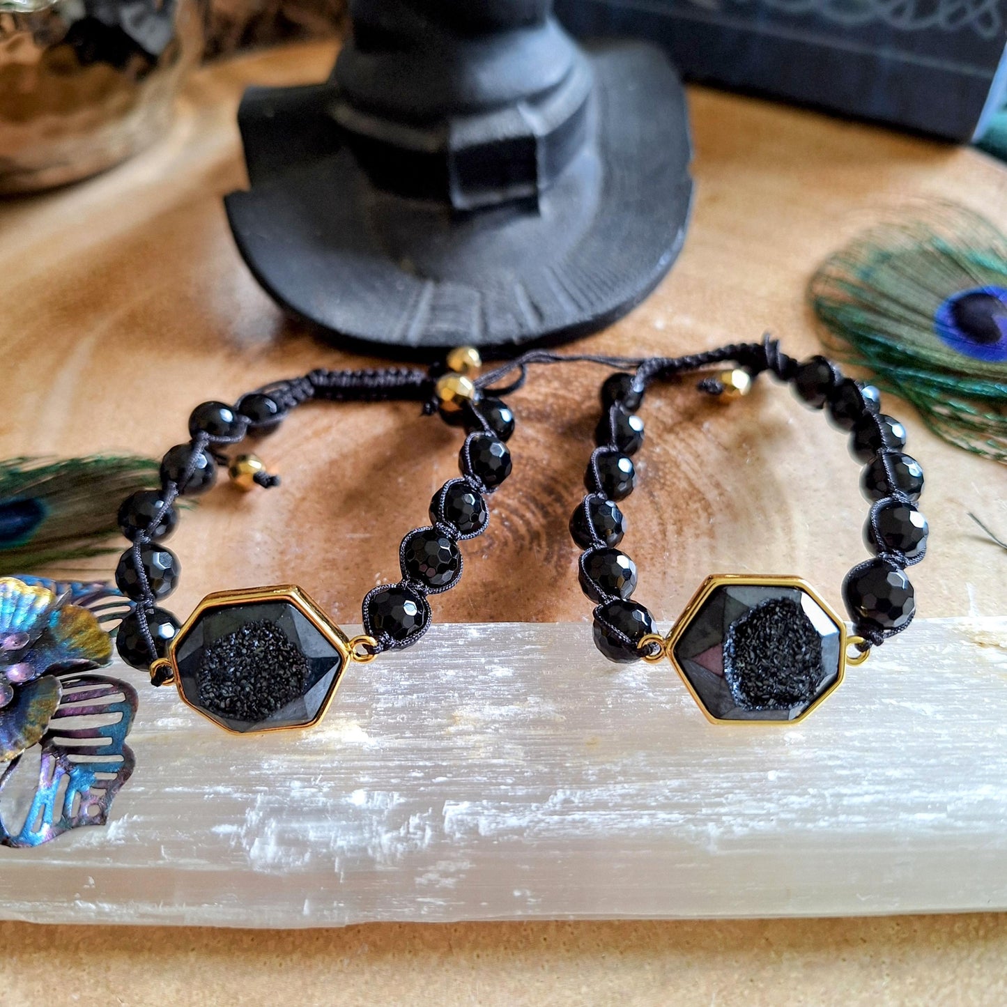 Black Tourmaline adjustable bracelet with faceted druzy stone crystal healing gift for her sparkling jewellery