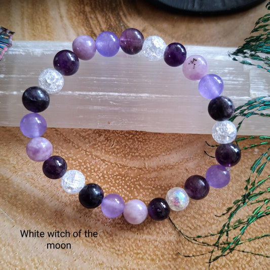 Crown Chakra Crystal Bracelet with Amethyst, Cracked Quartz, Chalcedony, Purple Fluorite and Lilac Lepidolite