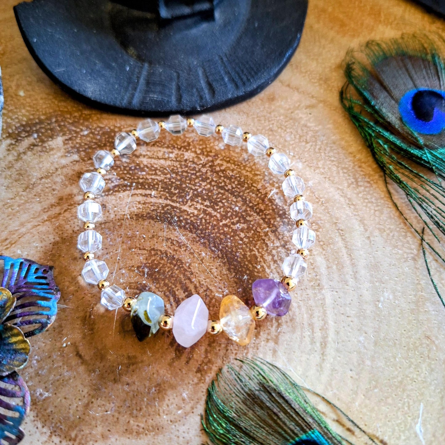 Clear quartz bracelet sunstone amethyst crystal healing gift for her gemstone jewellery or women witchy jewelry