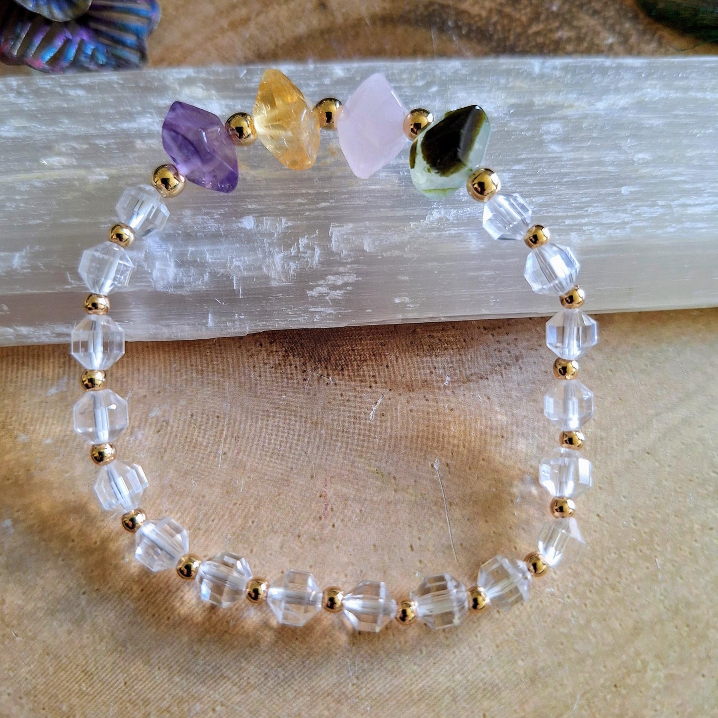 Clear quartz bracelet sunstone amethyst crystal healing gift for her gemstone jewellery or women witchy jewelry