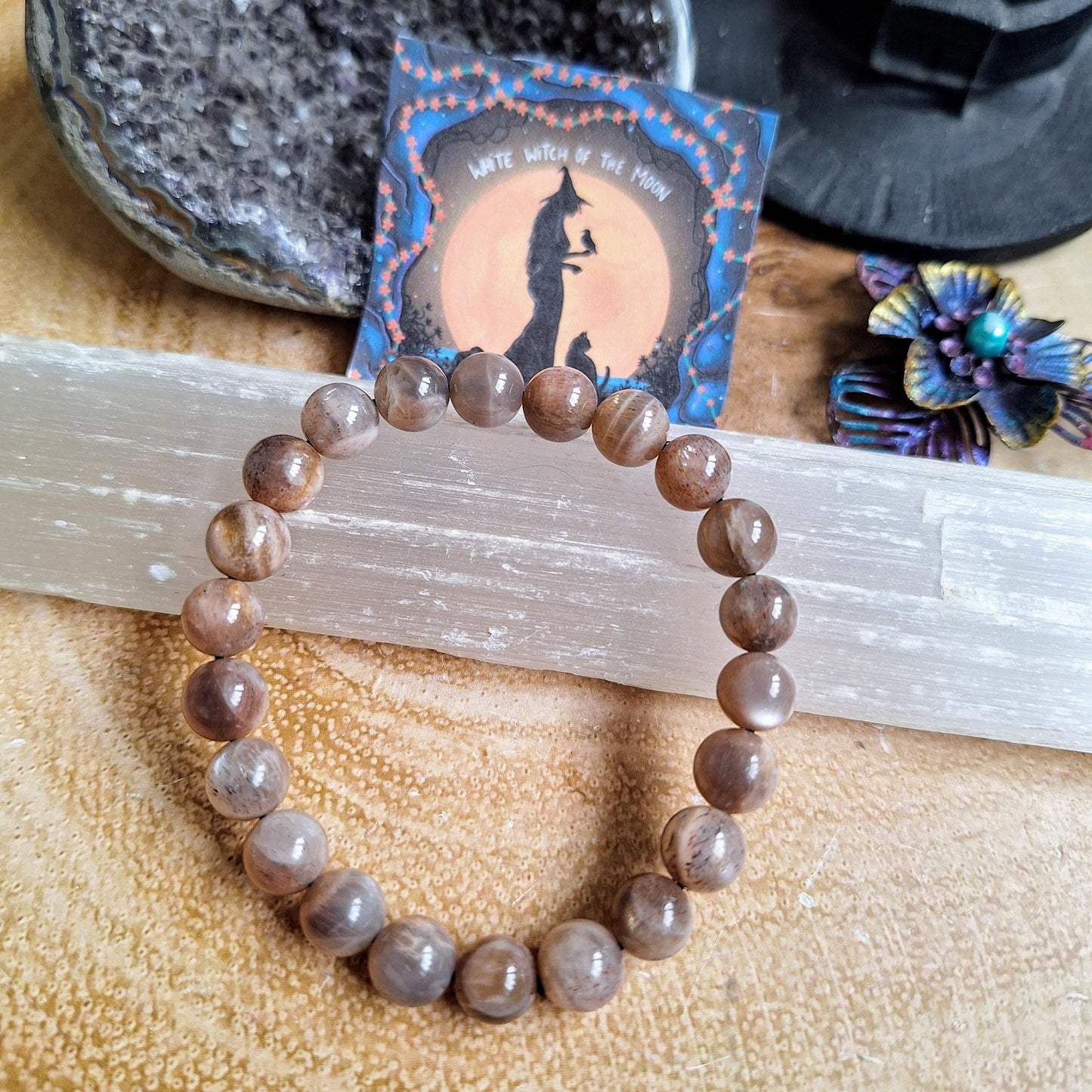 Peach Moonstone bracelet gift for him or her crystal healing witchy jewellery for women or men