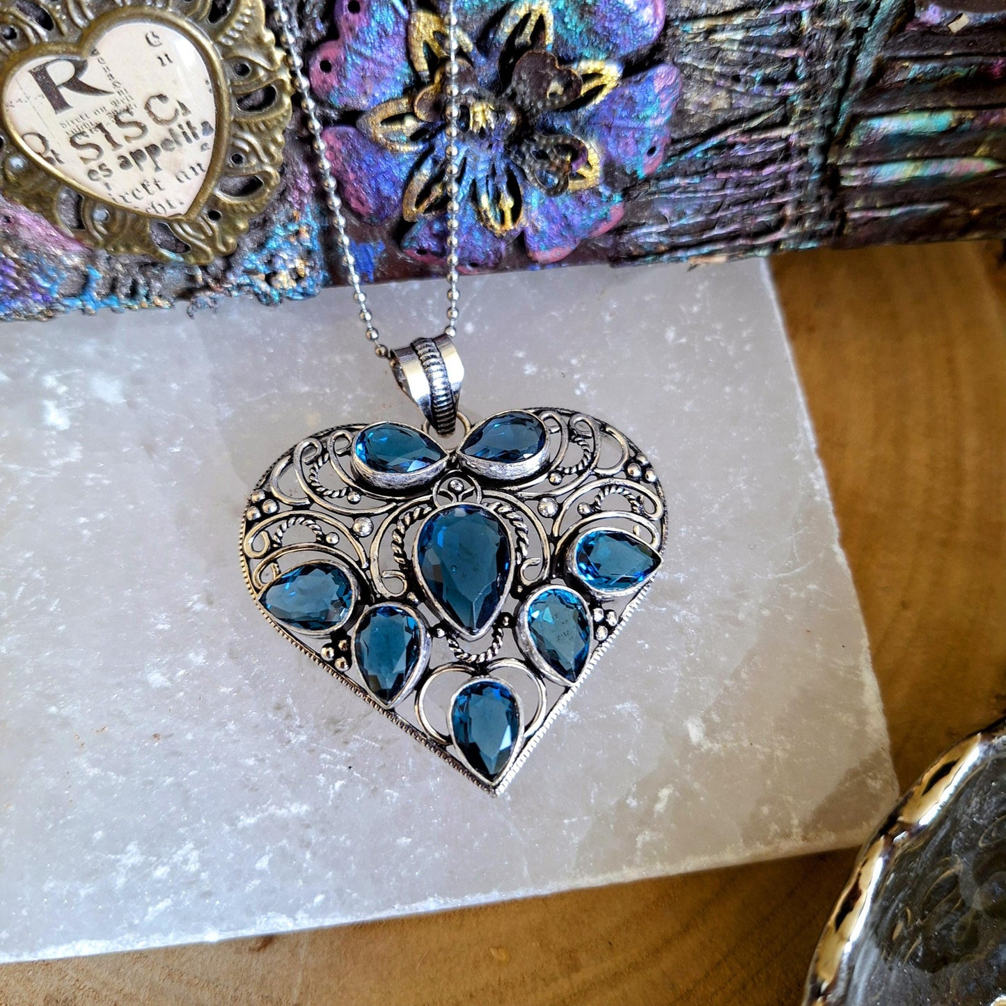 Blue topaz Heart necklace pendant 925 silver crystal healing throat chakra witchy jewellery gemstone jewelry gift for her