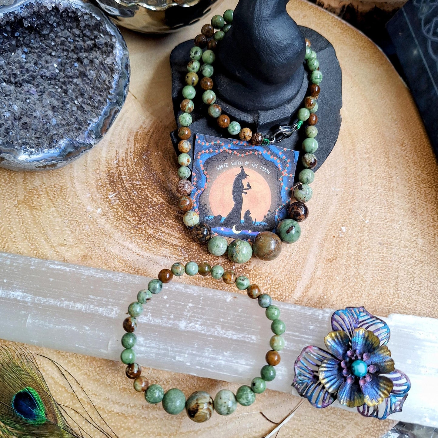 African green opal beaded necklace and bracelet set Crystal healing natural stone jewellery gift for her