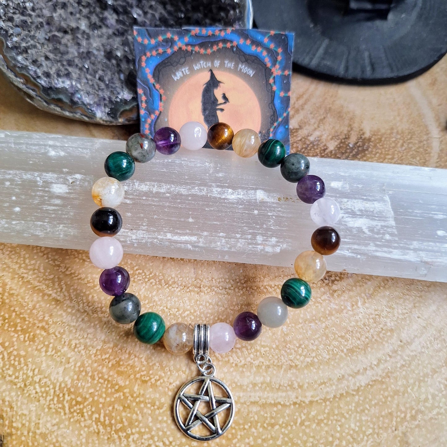 White Witch protection Bracelet with Bloodstone, Tigers Eye, Malachite, Citrine, Amethyst & Pentagram Charm crystal healing