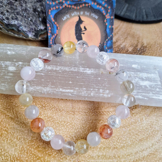 Master Healer Beaded Crystal bracelet with Clear Quartz, Rose Quartz, Rutilated Quartz, Hematoid Quartz and Cracked Quartz natural stone