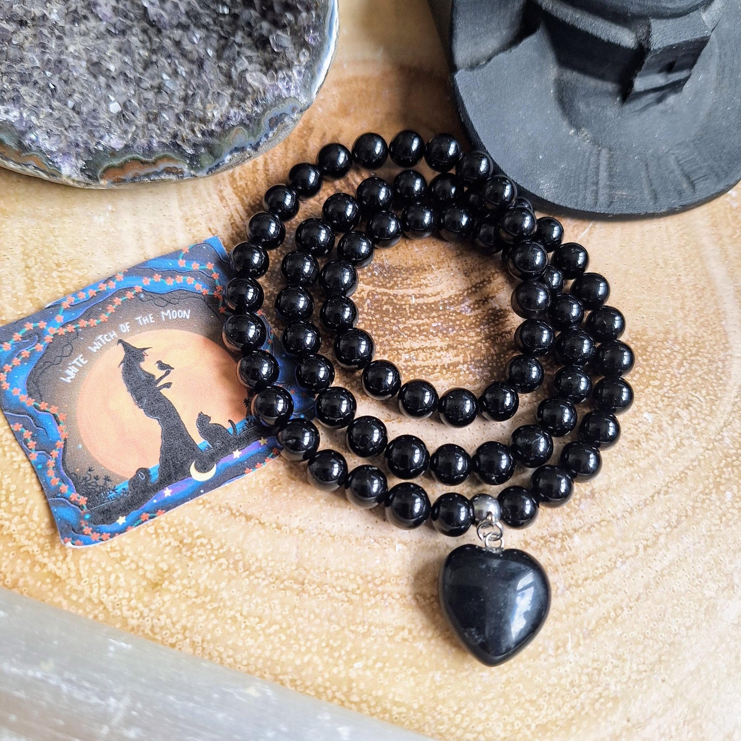 Black Tourmaline Beaded Necklace black obsidian heart crystal healing protection amulet gift for him or her