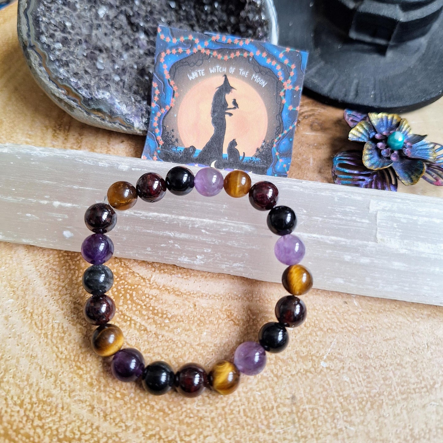 Willpower Bracelet crystal healing natural stone tigers eye, red garnet, Black tourmaline amethyst gift for him or her