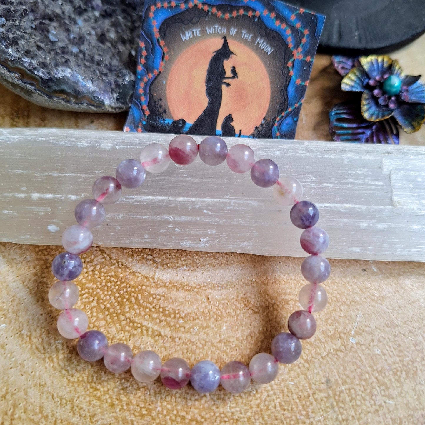 Unicorn stone bracelet crystal healing jewellery gift for him or her lepidolite pink tourmaline witchy jewelry for men or women