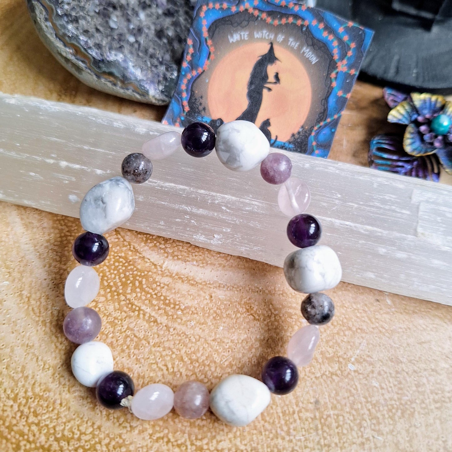 Mind Calming bracelet crystal natural stone Howlite, Rose Quartz, Amethyst and Lepidolite gift for him or her