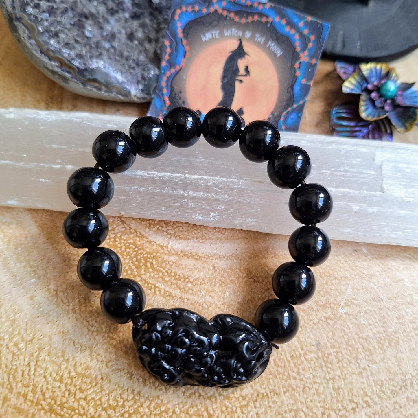 Pixiu Bracelet Black Obsidian natural stone gemstone jewellery gift for luck Feng Shui gift fir him or her