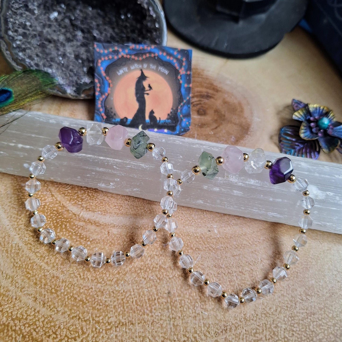 Clear quartz bracelet sunstone amethyst crystal healing gift for her gemstone jewellery or women witchy jewelry