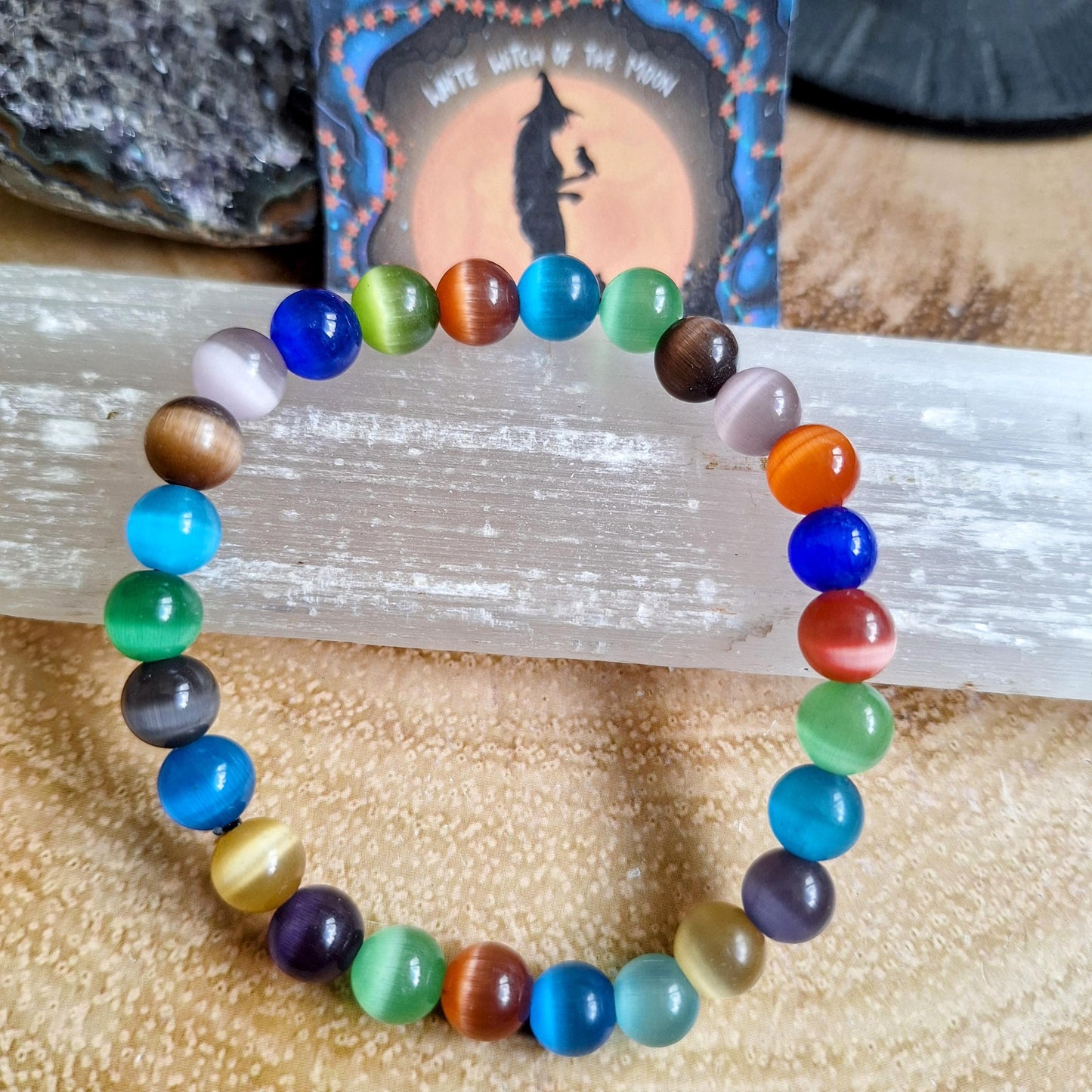 Cats eye bracelet mixed colour crystal healing stretchy stacking jewellery gift for him or her